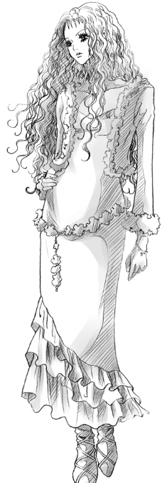 线描图片素材连衣裙女孩卷发