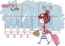 韩国手绘时尚女性生活卡通矢量图机场