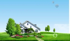 春季背景蓝天草地房子图片