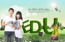 绿色英文和看书的学生