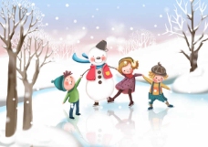 树木冰上滑冰的孩子和雪人