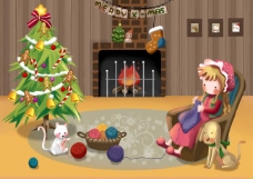 圣诞女孩房间内的圣诞树和椅子上的女孩