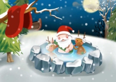 树木冬季温泉内泡澡的圣诞老人和麋鹿