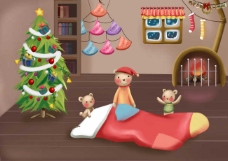 红房子房间地板上的红袜子和圣诞树