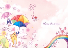 打着彩色雨伞的小猫插画