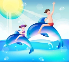 亲子幼儿园父女游泳海豚卡通矢量图