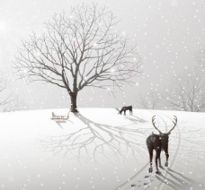 印花素材雪地梅花鹿树木冬季雪景图片