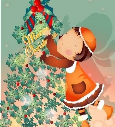 快乐女孩女孩装扮圣诞树的快乐图片