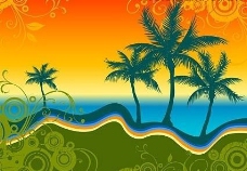 潮流素材海边椰树剪影与潮流花纹矢量素材图片