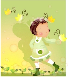 绿裙子女孩与花舞蝶