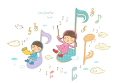 音乐演奏音符上演奏乐器的孩子图片