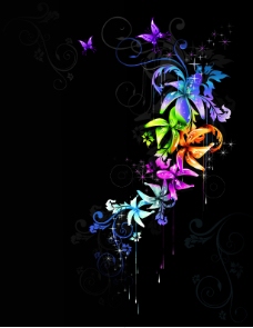 紫色蝴蝶和炫彩花朵藤蔓插画