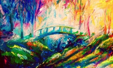 油画 林间拱桥图片