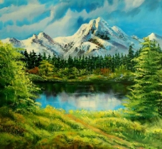 树木油画雪山湖图片