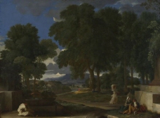 Nicolas Poussin - Landscape with a Man washing his Feet at a Fountain大师画家古典画古典建筑古典景物装饰画油画