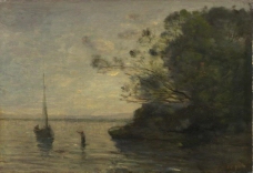 Jean-Baptiste-Camille Corot - Evening on the Lake大师画家古典画古典建筑古典景物装饰画油画