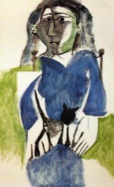 1964 Femme au chat noir, robe bleue西班牙画家巴勃罗毕加索抽象油画人物人体油画装饰画