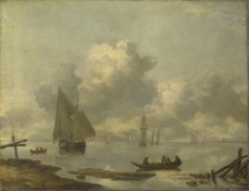 Jan van de Cappelle - Vessels in Light Airs on a River near a Town大师画家古典画古典建筑古典景物装饰画油画