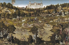 Cranach, Lucas - A Hunt in Honor of Carlos V at Torgau Castle, 1544大师画家古典画古典建筑古典景物装饰画油画