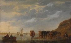 Aelbert Cuyp - A Herdsman with Five Cows by a River大师画家古典画古典建筑古典景物装饰画油画