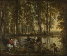 Jan Hackaert and Nicolaes Berchem - A Stag Hunt in a Forest大师画家古典画古典建筑古典景物装饰画油画