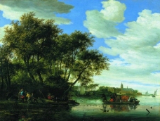 Salomon Jacobsz. van Ruysdael - A View of the River Vecht with a Ferry, Fishermen, and Nijenrode 大师画