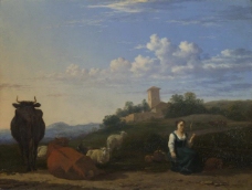 Karel Dujardin - A Woman with Cattle and Sheep in an Italian Landscape大师画家古典画古典建筑古典景物装饰画油画