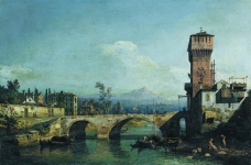 Bernardo Bellotto - Capriccio with a River and Bridge, 1745大师画家古典画古典建筑古典景物装饰画油画