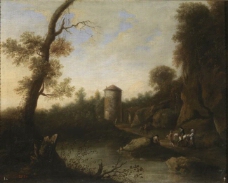 Anonymous (Circulo de Both, Jan) - Paisaje banado por un rio con jinete y un torreon, 17 Century大师画家