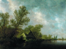 Jan Josephsz. van Goyen - River Landscape with Ferry Boat and Cottages, 1634大师画家古典画古典建筑古典景物装饰画油画