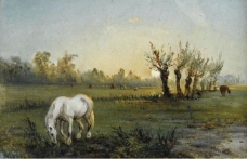 Camille Pissarro - White Horse at the Meadow, 1856大师画家风景画静物油画建筑油画装饰画