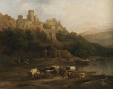 Perez Villaamil Duguet, Genaro - Manada de toros junto a un rio, al pie de un castillo, 1837大师画家古典画古