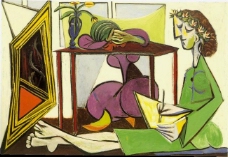1935DeuxfemmesJeunefilledessinantdansunint淇絠eur西班牙画家巴勃罗毕加索抽象油画人物人体油画装饰画