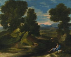 Nicolas Poussin - Landscape with a Man scooping Water from a Stream大师画家古典画古典建筑古典景物装饰画油画