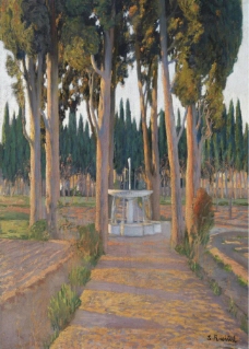 Santiago Rusinol - Golden Cypresses - the Orchard of the Duke of Gor大师画家风景画静物油画建筑油画装饰画