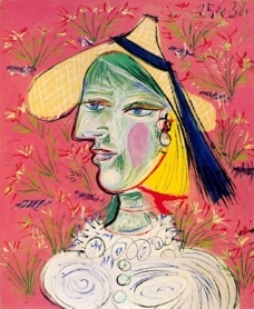 1938 Femme au chapeau de paille sur fond fleuri西班牙画家巴勃罗毕加索抽象油画人物人体油画装饰画