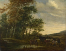 Salomon van Ruysdael - A Landscape with a Carriage and Horsemen at a Pool大师画家古典画古典建筑古典景物装饰画油画