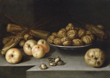 Medina, Pedro de - Bodegon con manzanas, plato de nueces y cana de azucar, 1645大师画家宗教绘画教会油画人物肖像油画装饰画