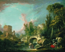 Francois Boucher - River Landscape with Ruin and Bridge, 1762大师画家古典画古典建筑古典景物装饰画油画