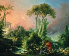 Francois Boucher - River Landscape with an Antique Temple, 1762大师画家古典画古典建筑古典景物装饰画油画