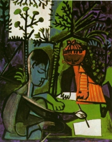 1954 Claude et Paloma dessinant西班牙画家巴勃罗毕加索抽象油画人物人体油画装饰画