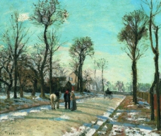 Camille Pissarro - Route de Versailles, Louveciennes, Winter Sun and Snow, 1870大师画家古典画古典建筑古典景物装饰画油画