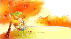 秋天故事插画之坐在树下长椅拿着水杯的精灵