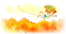 秋天故事插画之在秋天树林上空飞翔的精灵