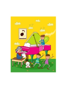 老师教儿童弹钢琴 音乐 黄色背景