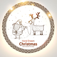 手绘圣诞老人与麋鹿矢量素材
